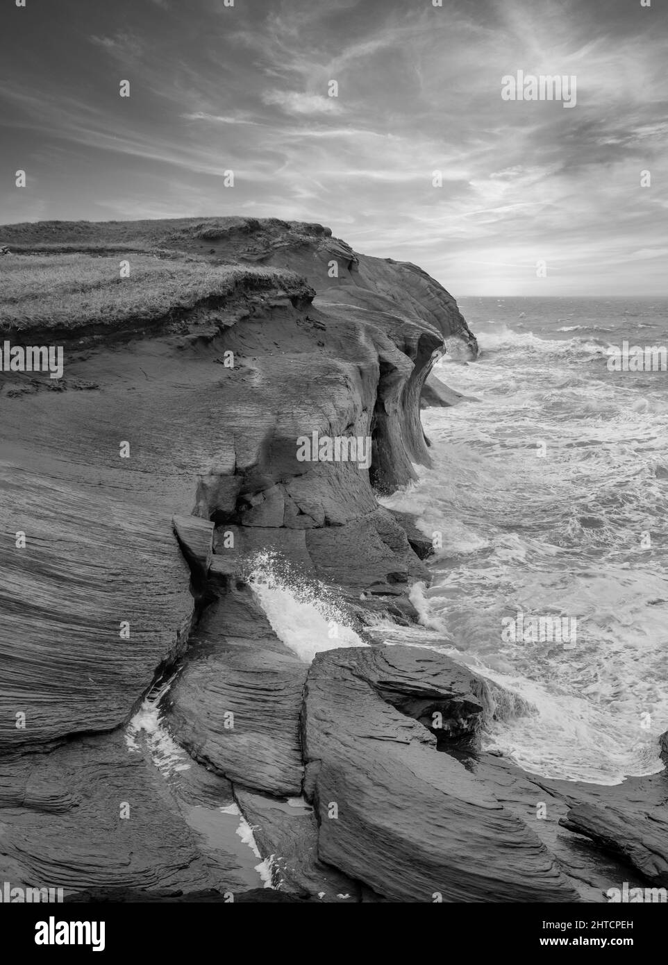 Isle de Madeleine cliffs black and white Stock Photo