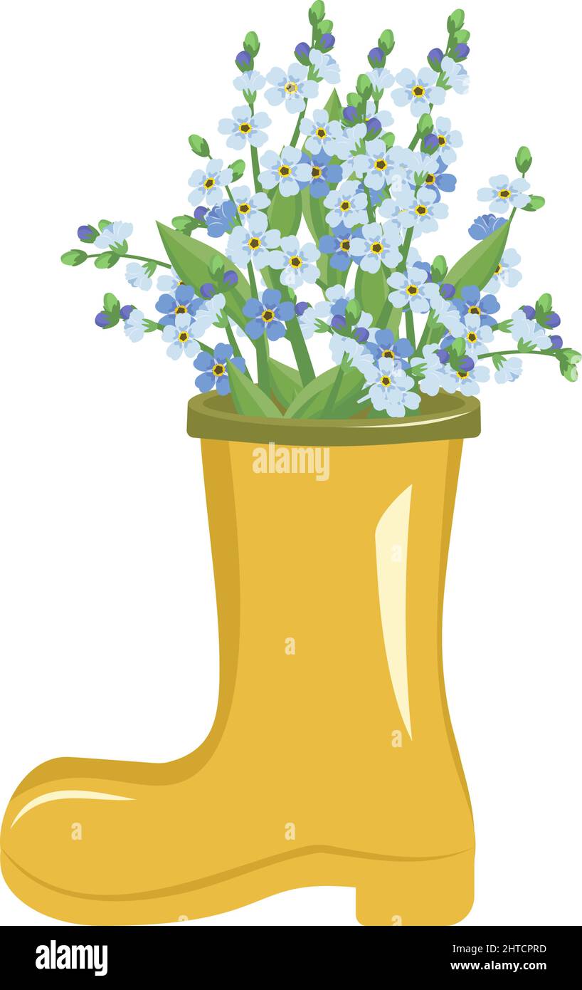 Pretty spring summer bouquet of small blue forget me not flowers with stems and leaves in yellow boot shaped vase. Interior Design. Plant shop. Vector illustration Stock Vector