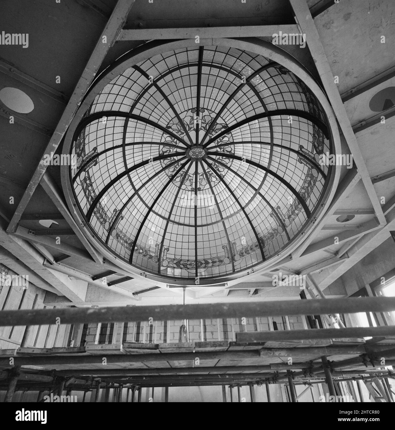Unity House, Euston Road, Camden, London, 29/09/1982. A view of an original leaded glass domed skylight in the boardroom at Unity House, seen during the installation of interior fittings. The contract for the new &#xa3;4.5 million headquarters for the National Union of Railwaymen at Euston Road was awarded to Laing&#x2019;s London Region. The new headquarters were built on the site of the former Unity House, which had been the home of the National Union of Railwaymen since 1910. Some features of the old building were incorporated into its modern counterpart, including the boardroom&#x2019;s le Stock Photo