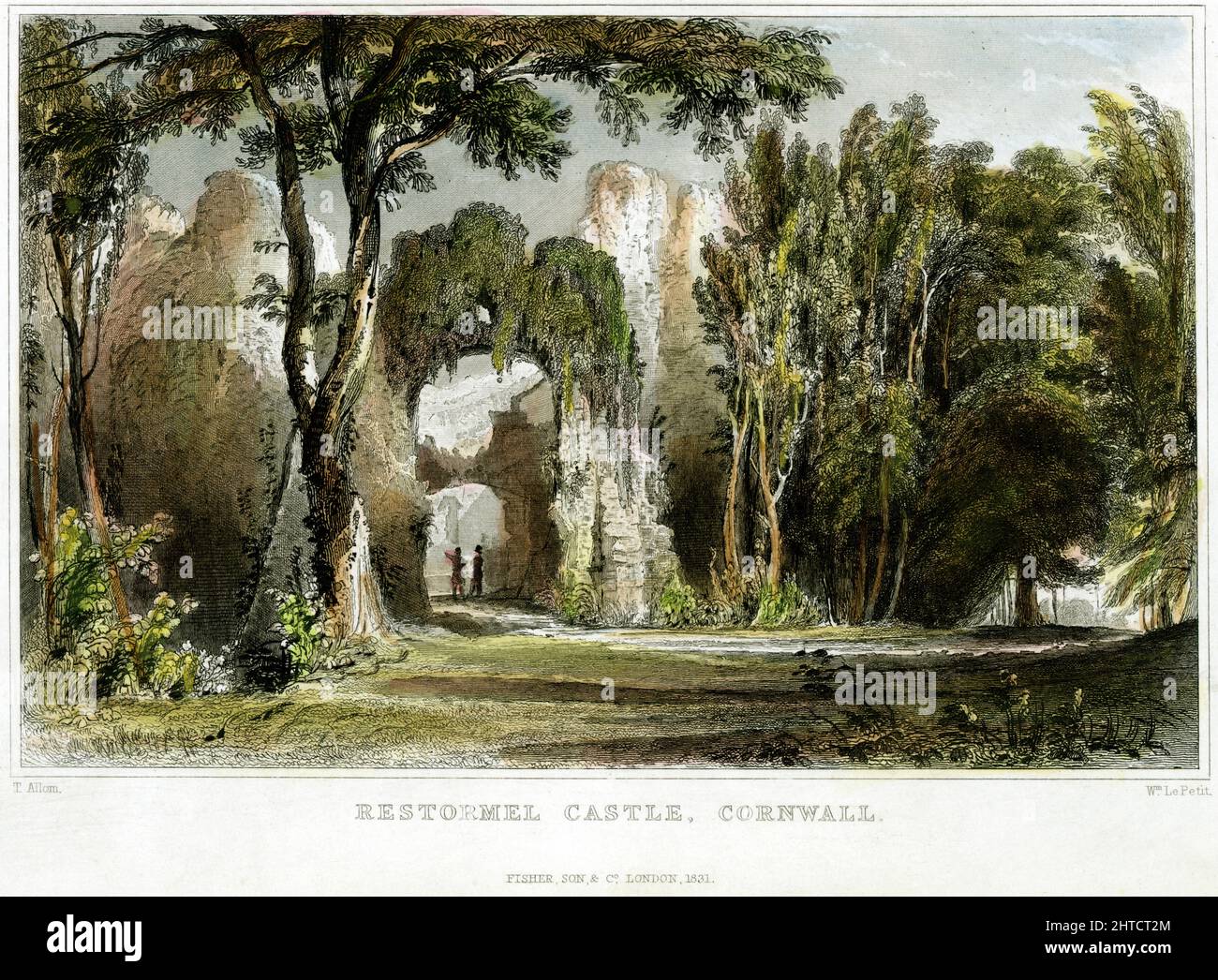 Restormel Castle, Restormel, Lostwithiel, Cornwall, c1830. Hand coloured engraving showing the gatehouse of the inner ward at Restormel Castle with two figures. Published in 'Devonshire &amp; Cornwall Illustrated', Fisher, Son &amp; Company, London, 1830-1832. Stock Photo