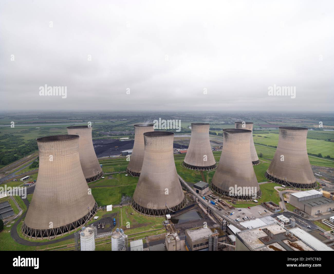 Cottam Power Station, Outgang Lane, Cottam, Treswell, Bassetlaw, Nottinghamshire, 2018. General view looking east across the power station's cooling towers from the top of the stack. Stock Photo