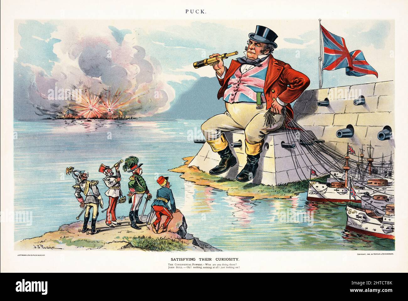 A late 19th century American Puck Magazine illustration of John Bull sitting on a strong fortress representing England, with a telescope in one hand and strings attached to battleships in the other; on the edge of the continent are four figures representing 'Germany' (William II), 'Austria' (Franz Joseph I), 'Italy' (Umberto I) and 'France' (Felix Faure) wondering what John Bull is doing. In the background, a battle rages between the United States and Spain around the island of Cuba. Stock Photo