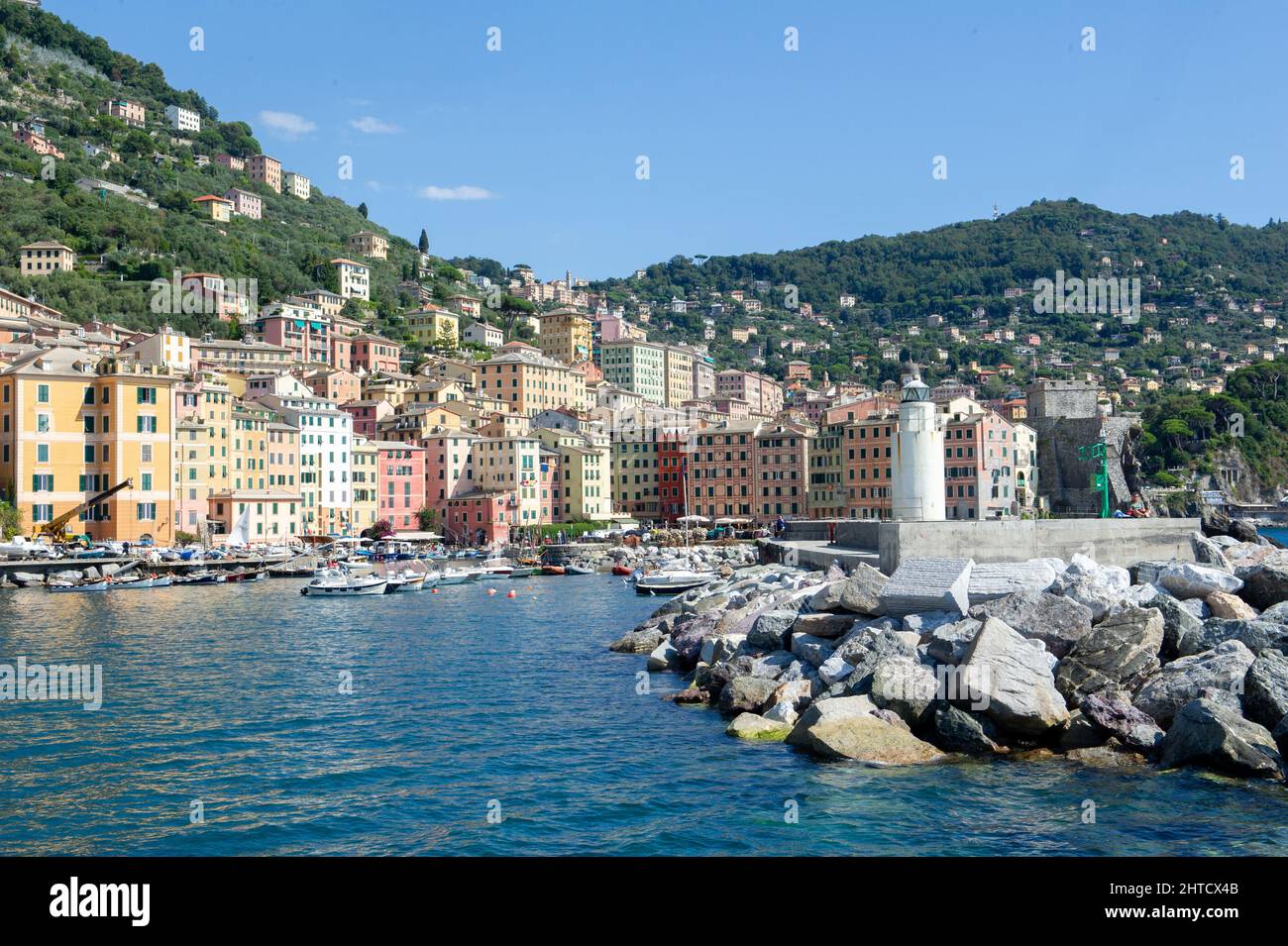 Europe, Italy, City of Camogli on the Mediterranean sea in Liguria. Harbor with fisherman boats Stock Photo