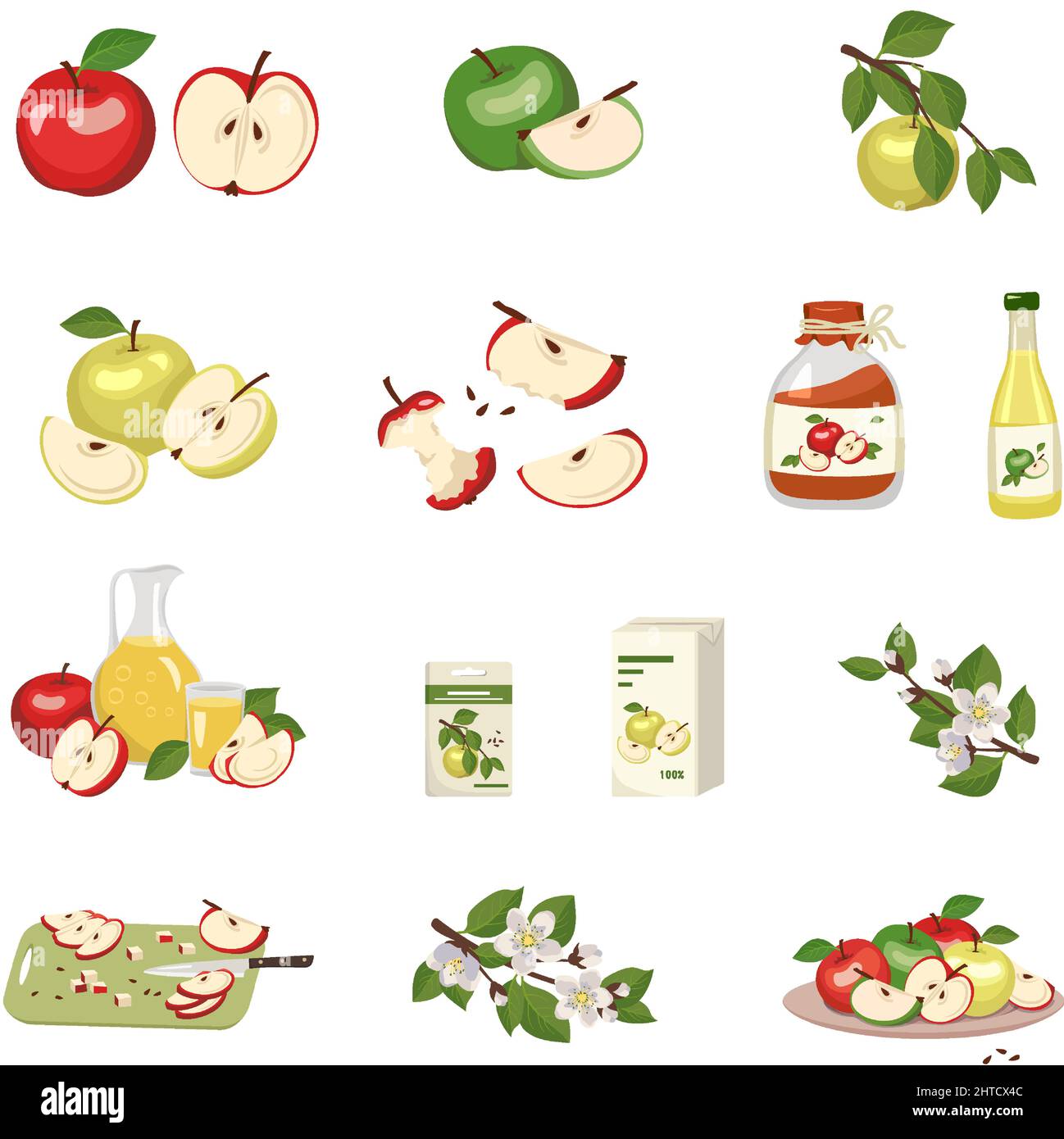 Apple icons set. Whole fruit and half with seed and leaf, stub, juice in bottle, jug and glass, jam in jar and pieces on cut board. Sweet food for diet, flowering branches. Vector flat illustration Stock Vector