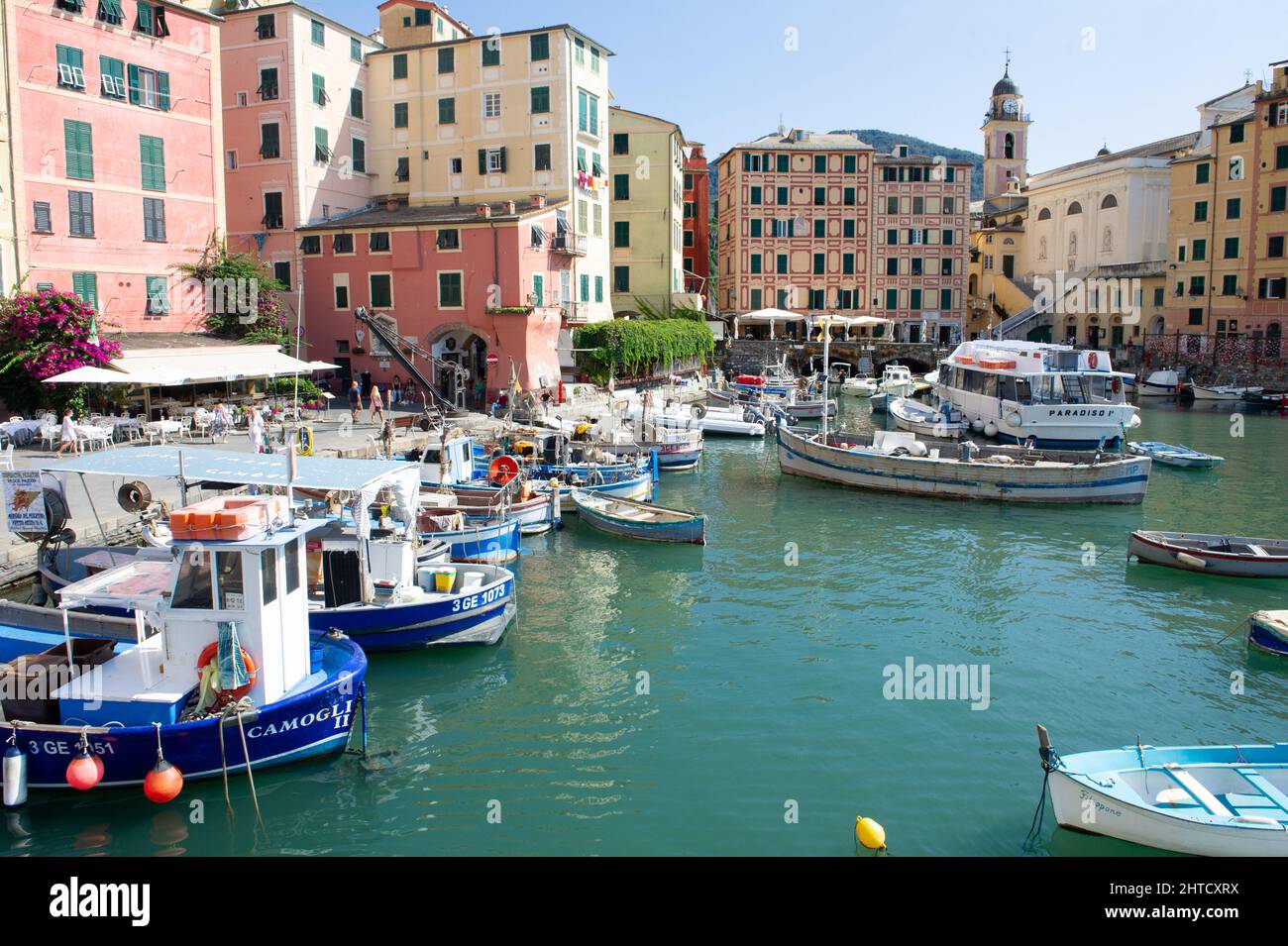 Europe, Italy, City of Camogli on the Mediterranean sea in Liguria. Harbor with fisherman boats Stock Photo