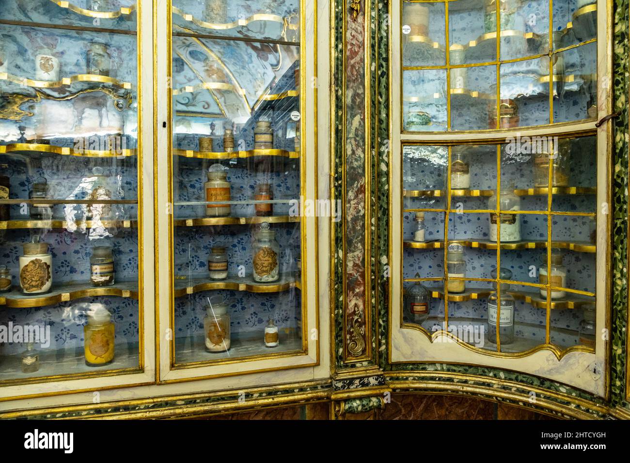 Showcases containing spices and medicines in the ancient pharmacy of the Certosa di Trisulti. Collepardo, province of Frosinone, Lazio, Italy, Europe Stock Photo