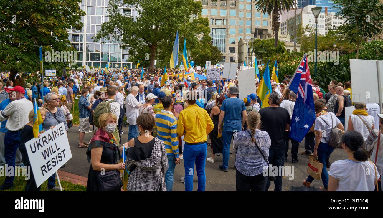 Rally, 27 February, Melbourne, Australia, in support of Ukraine and the Ukrainian people after Russia began it's a military invasion to the country. Stock Photo