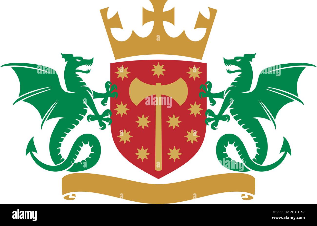 Coat of arms dragons, shield, crown and banner vector illustration