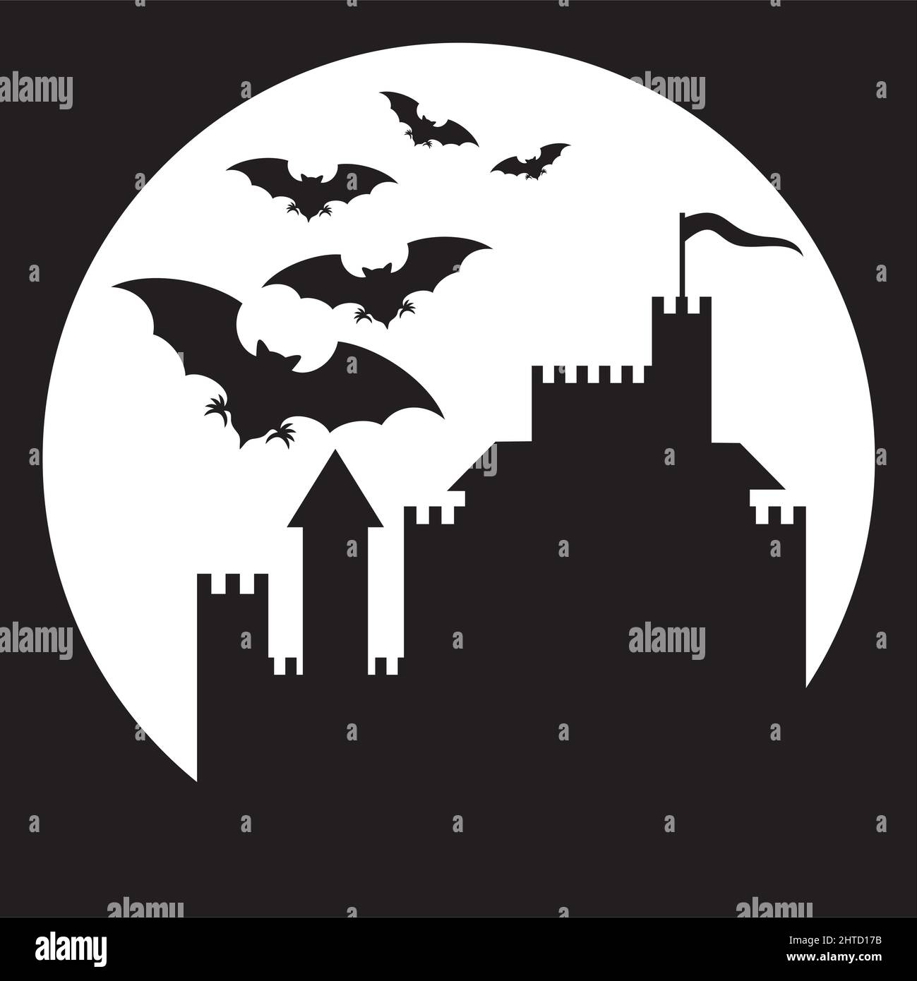 Flying bats and old castle  (Halloween background). Vector illustration. Stock Vector