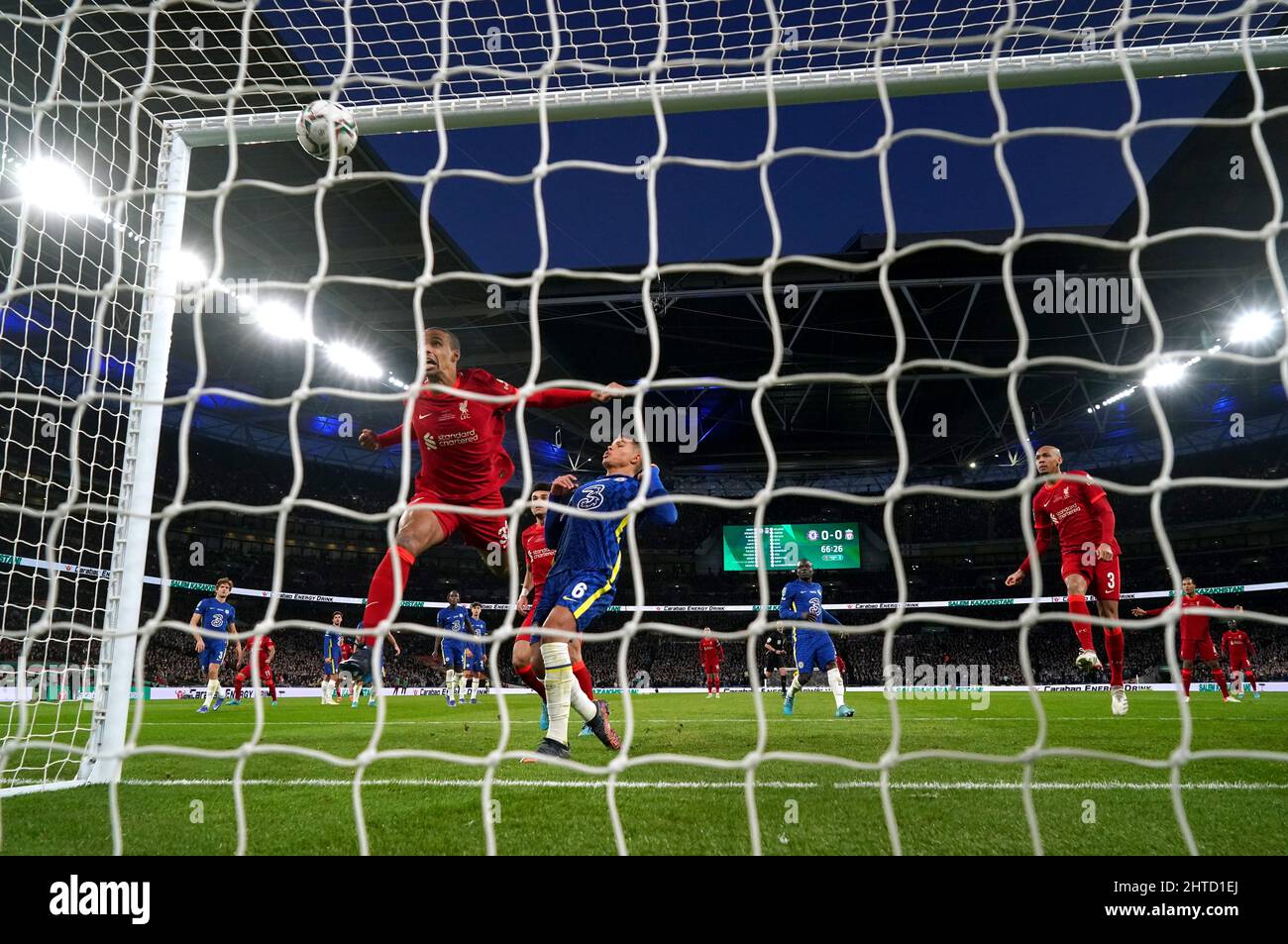 Liverpool's Joel Matip scores a goal before it is later disallowed during the Carabao Cup final at Wembley Stadium, London. Picture date: Sunday 27th February, 2022. Stock Photo