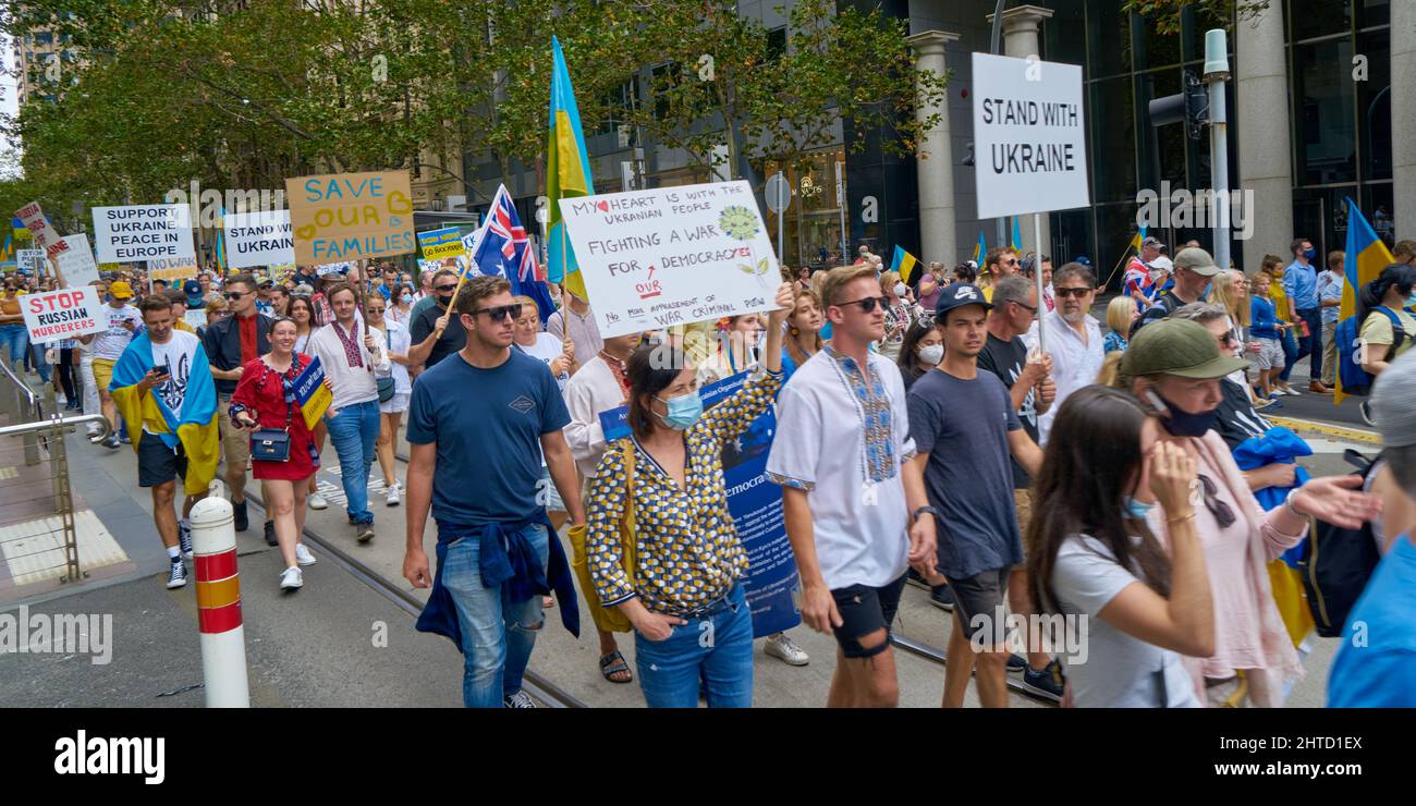 Rally, 27 February, Melbourne, Australia, in support of Ukraine and the Ukrainian people after Russia began it's a military invasion to the country. Stock Photo