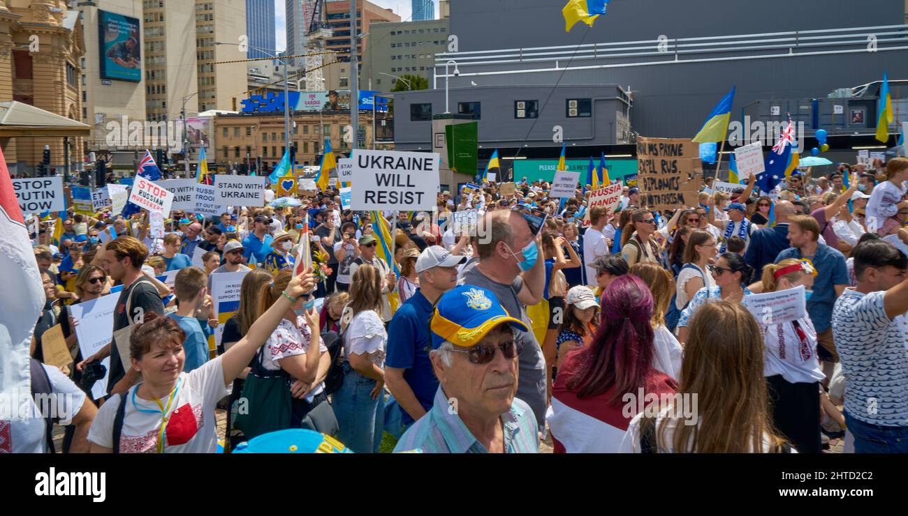 Rally, 27 February, Melbourne, Australia, in support of Ukraine and the Ukrainian people after Russia began it's a military invasion to the country. Stock Photo
