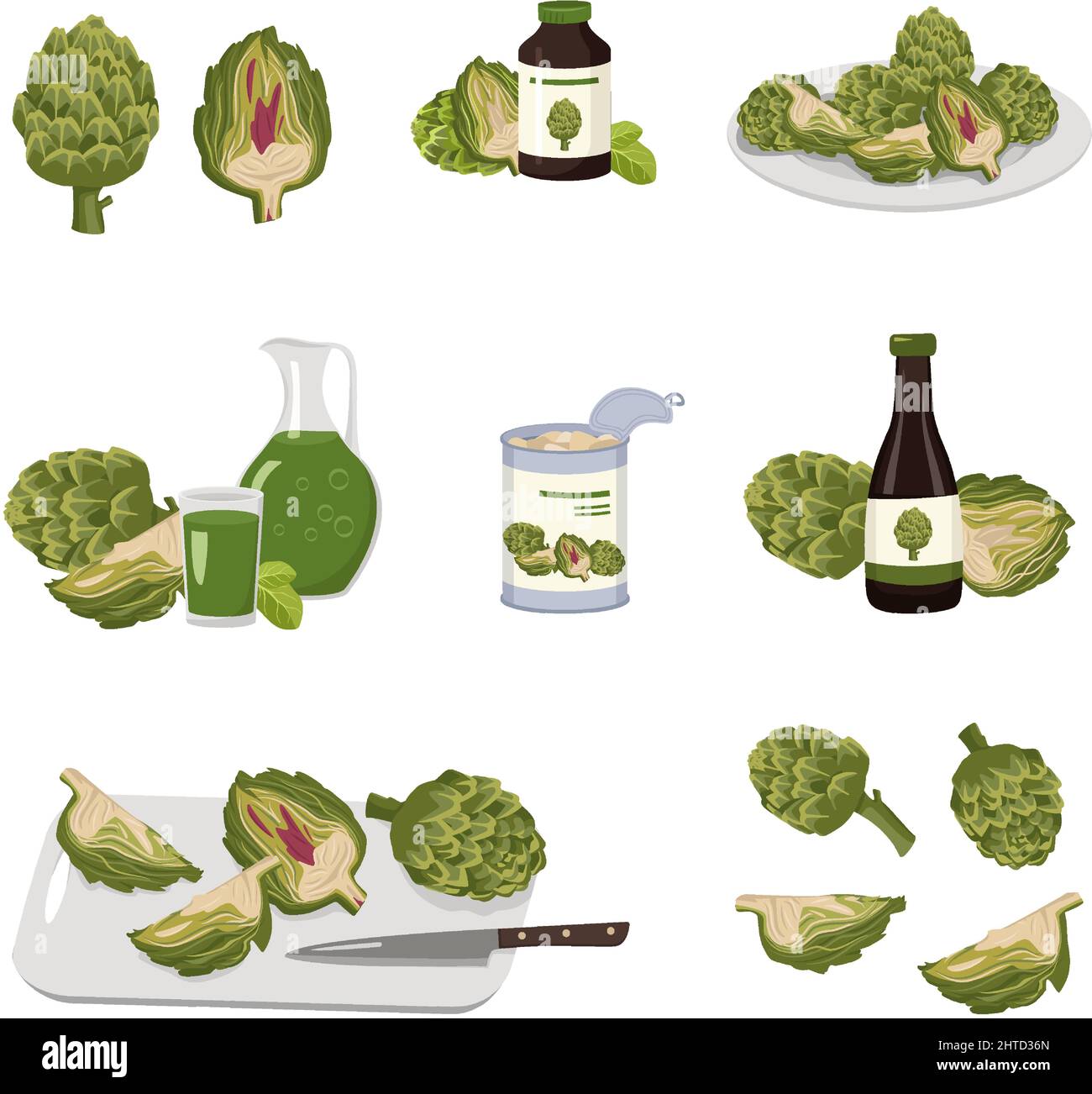 Icon set of artichoke and products from its. Whole vegetable and halves with leaves, healthy juice and medicine from plant, canned food in jar, sliced product on board and plate. Vector flat illustration Stock Vector