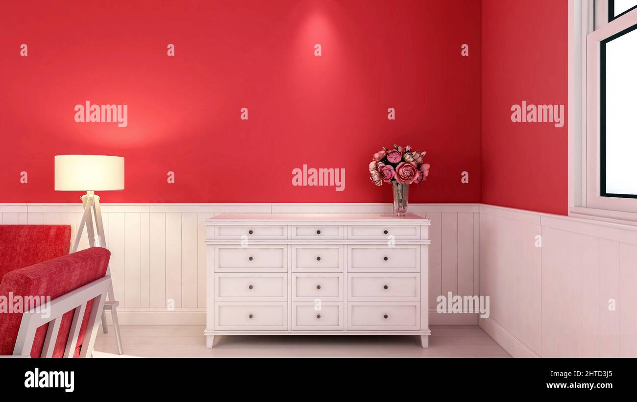 Living room interior in red theme color for Valentines day with copy space on empty wall, 3d rendering Stock Photo