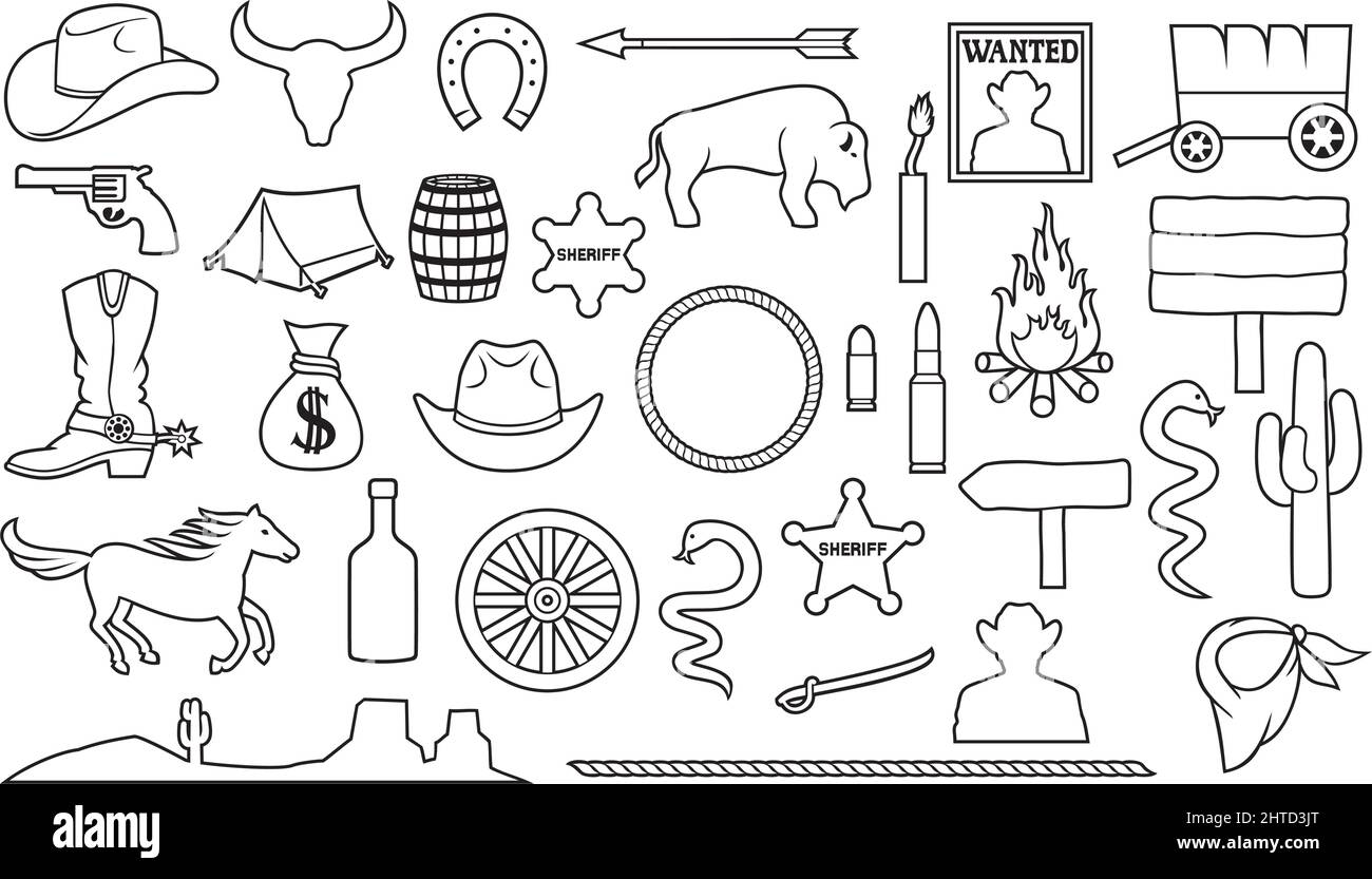 Wild West and Cowboys Thin line icons vector illustration Stock Vector