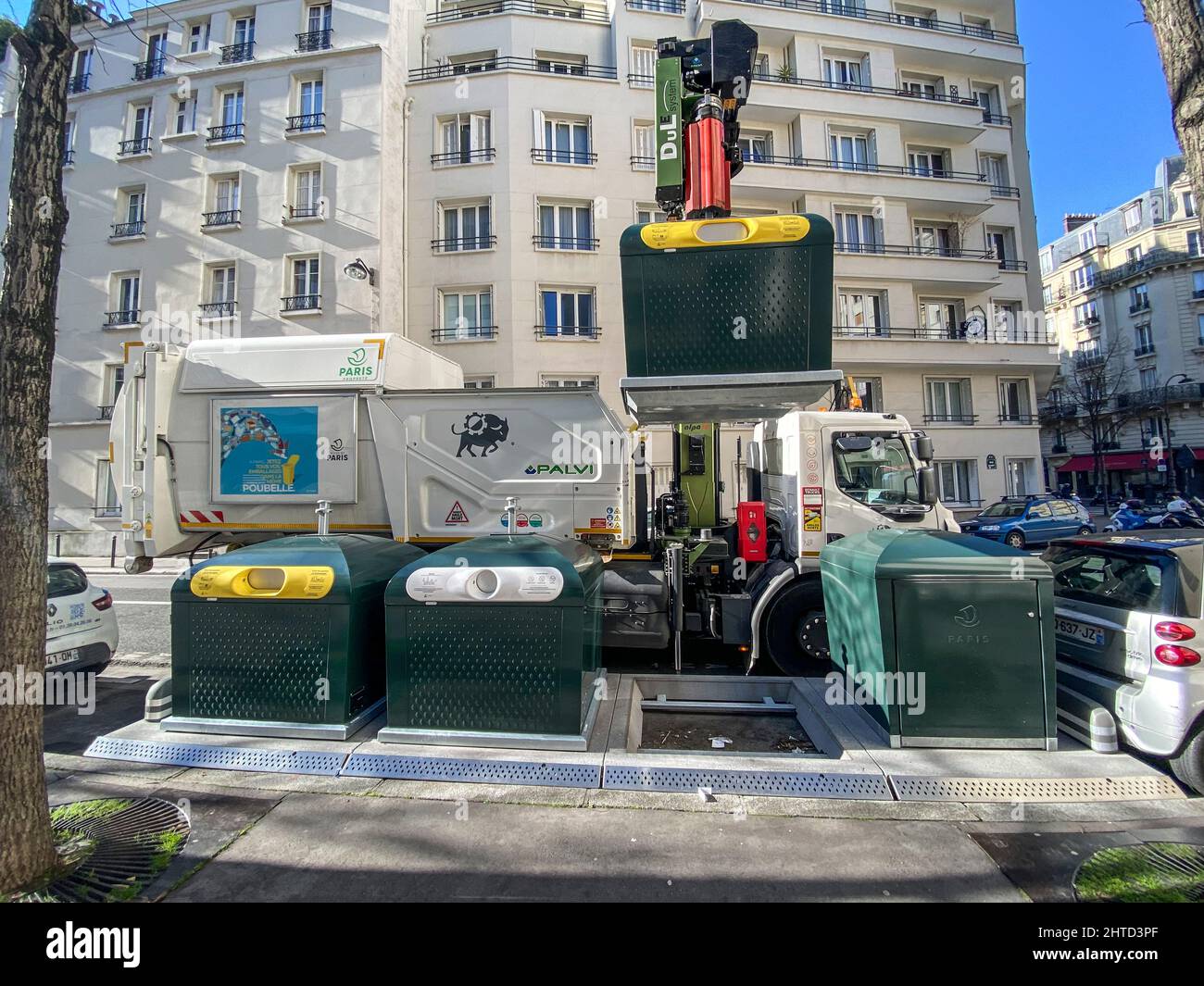 A TRUCK FROM DERICHEBOURG REMOVED A CONTAINER ON A TRILIB STATION Stock Photo