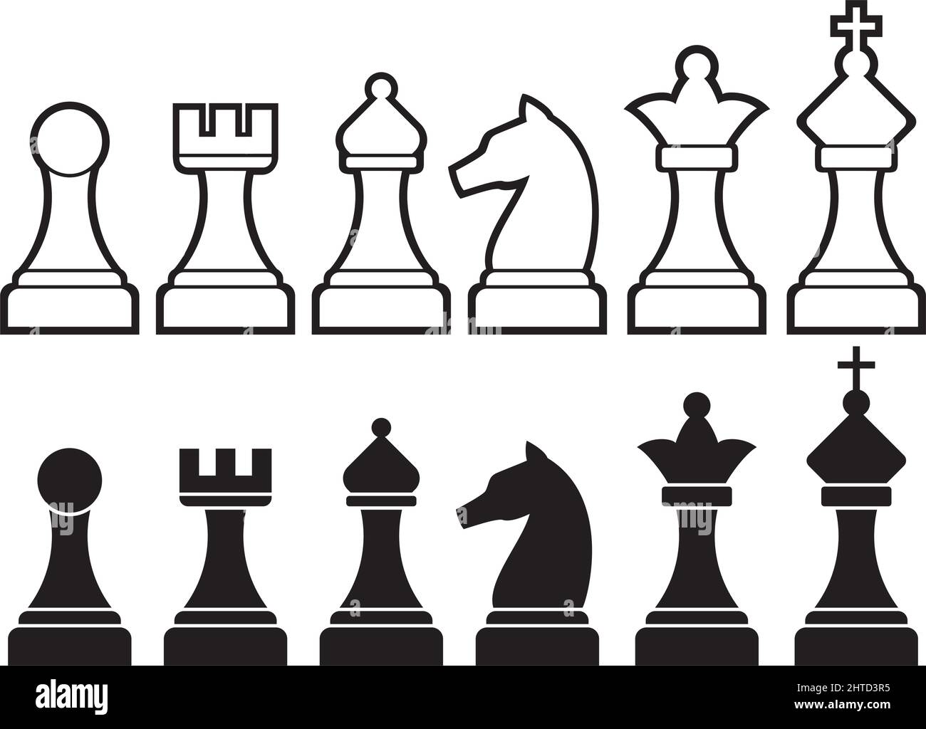 Chess pieces including king, queen, rook, pawn, knight, and bishop. Vector illustration. Stock Vector