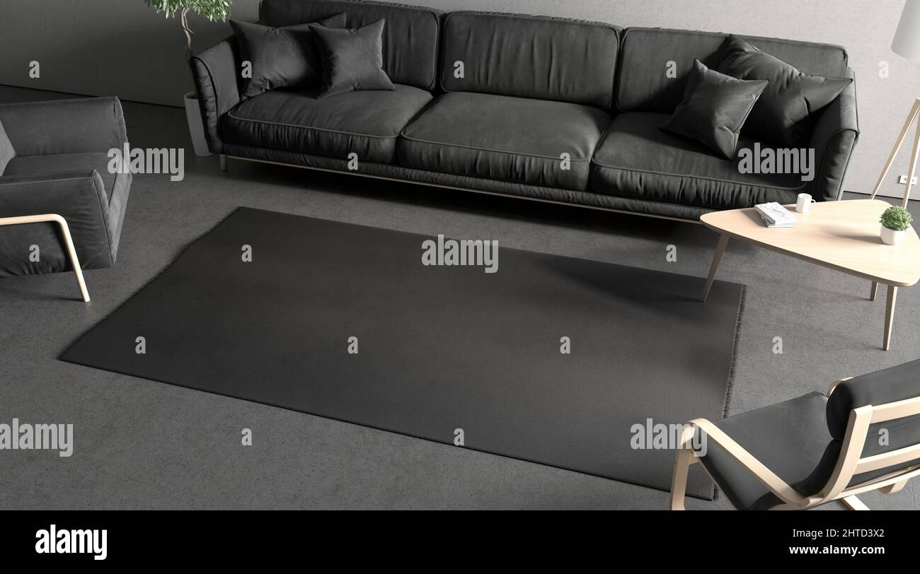 Blank black rectangular interior carpet in room mockup, top side Stock Photo