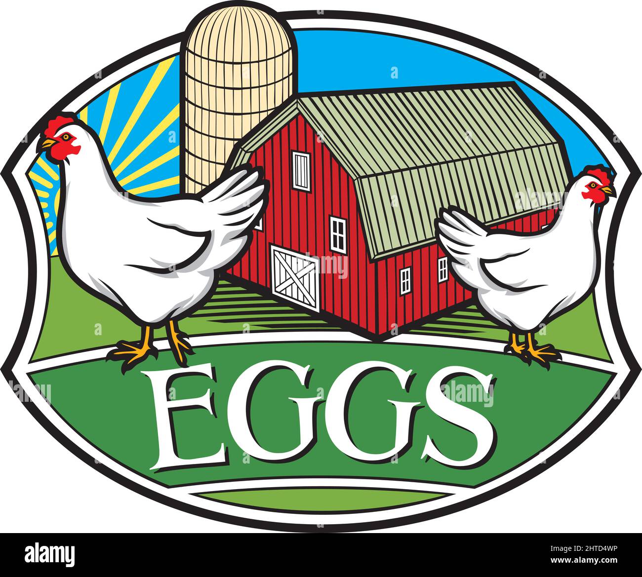 Farm fresh eggs label (chicken, red barn and silo design Stock Vector