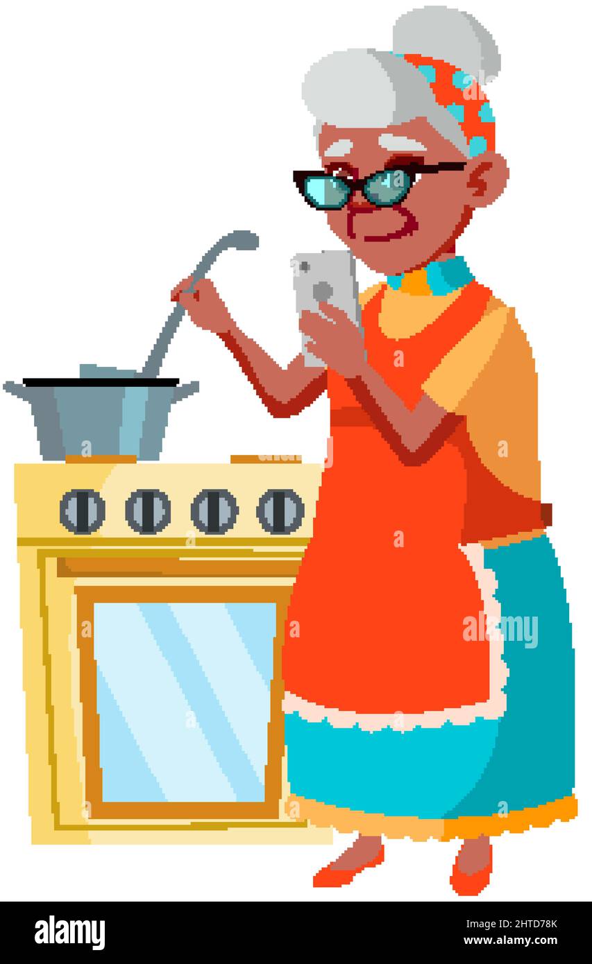 Old Woman Cooking And Using Mobile Phone Vector Stock Vector