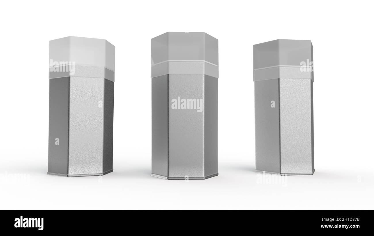 3D rendering of three smooth metal hexagonshaped containers isolated