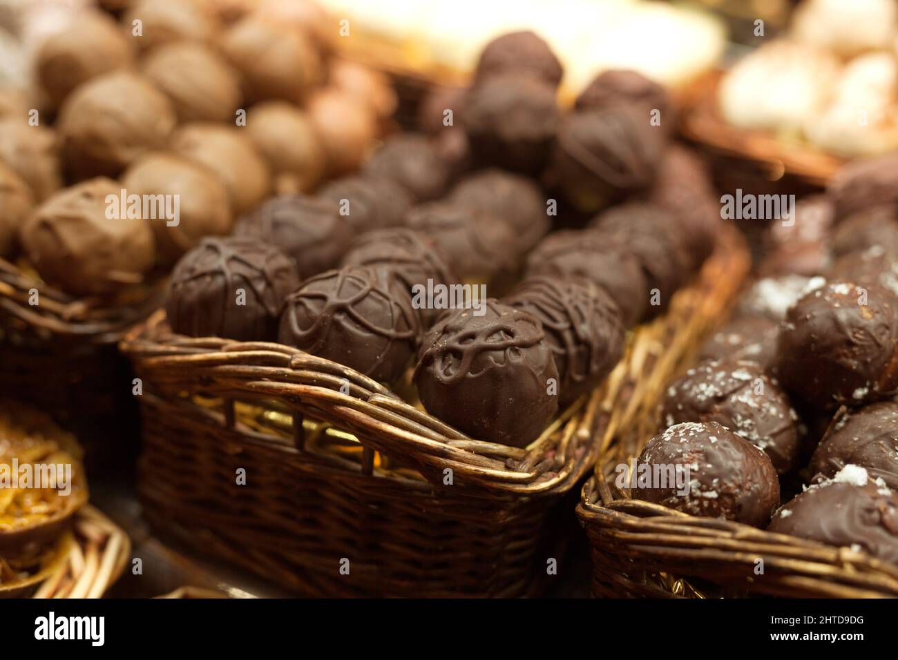 chocolate truffle balls on market counter Stock Photo