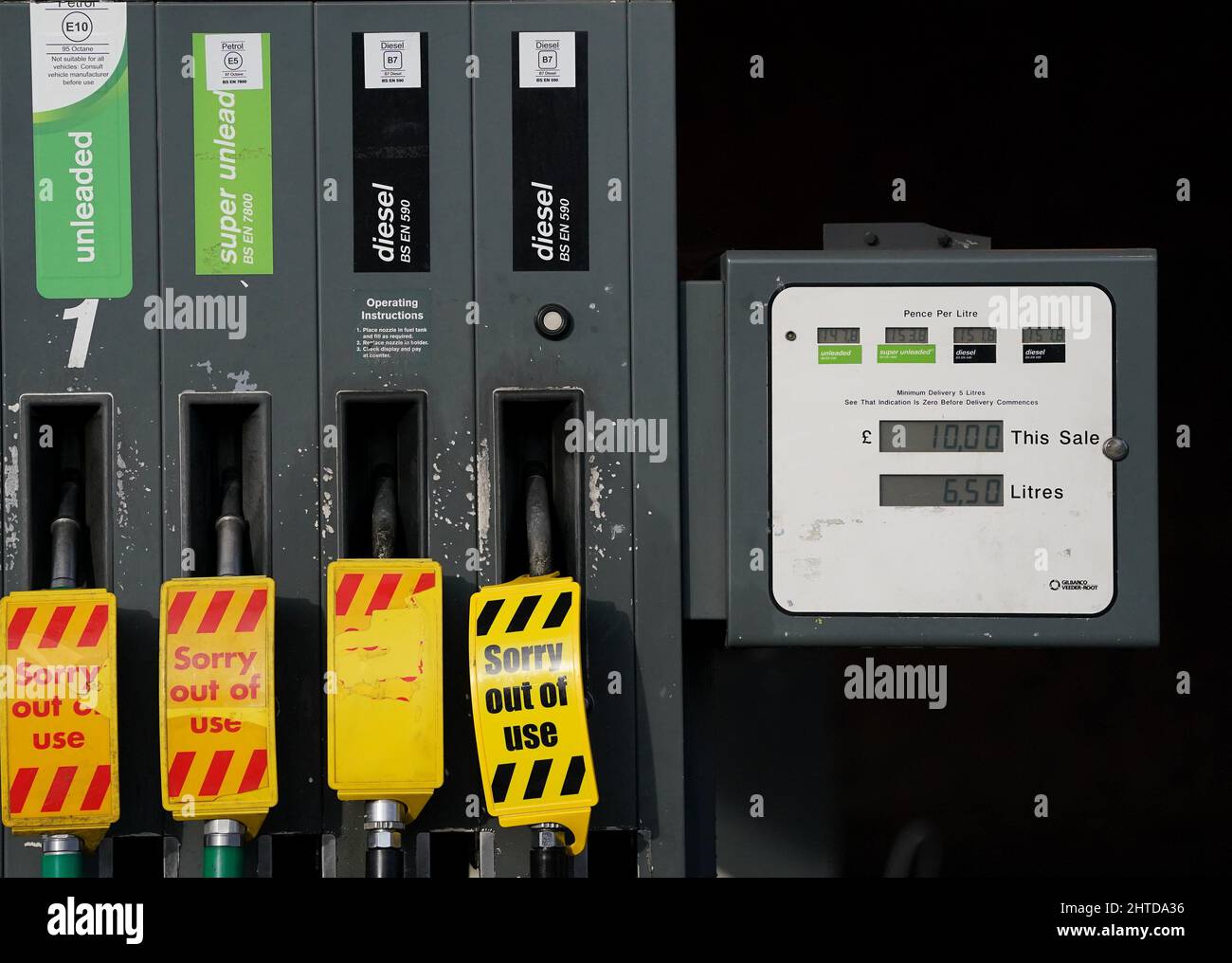 Empty fuel pumps at a fuel station in Ashford, Kent. Average UK petrol