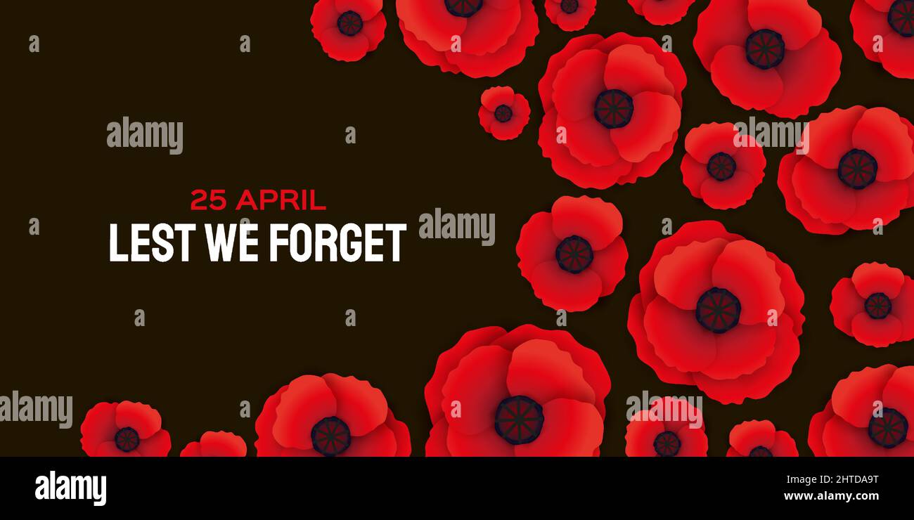 Anzac day with Bright Red Poppy flower in paper cut style. Lest we ...