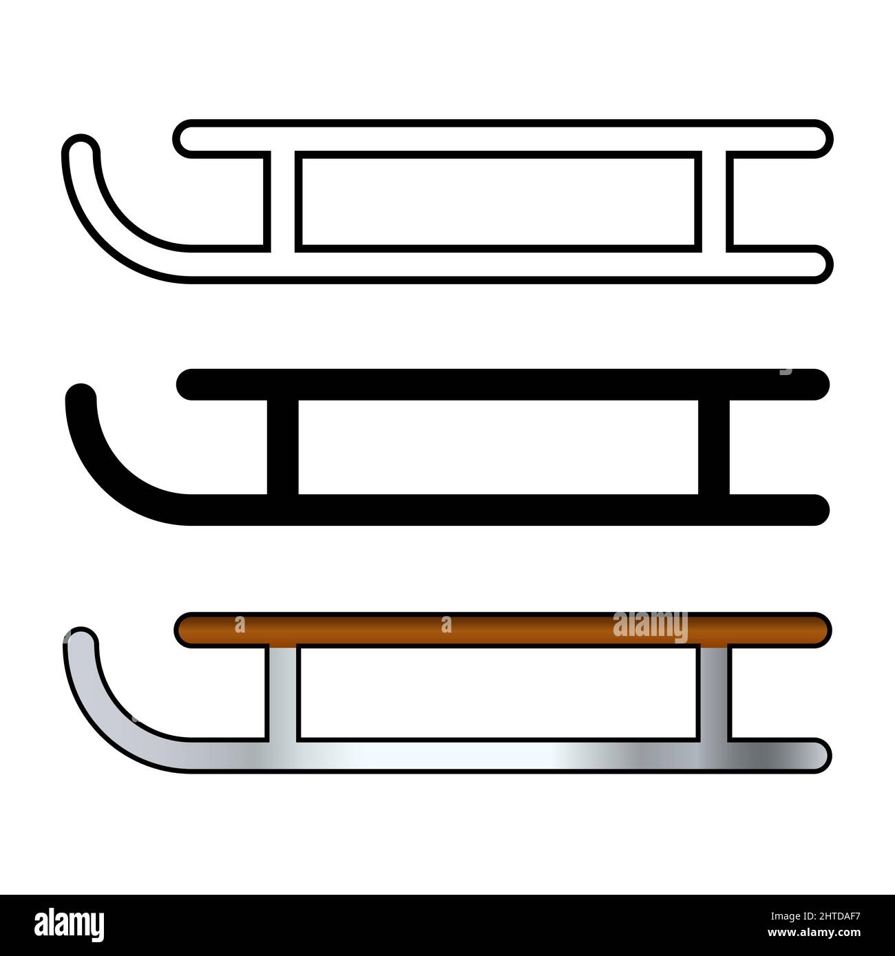 Wooden sledge cartoon, outline and silhouette illustration. Vector isolated on white background Stock Vector