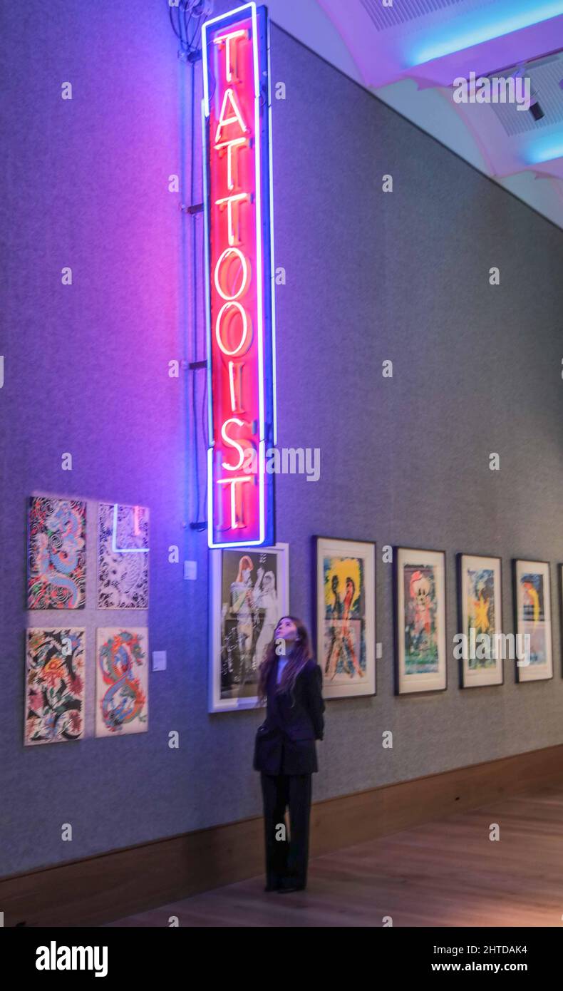 London UK 28 February 2022 Diamond Jacks The Original Neon 'TATTOOIST' Street-Sign, 1985. Estimate: £10,000-15,000. Offered directly by tattoo artist and studio owner, Darryl Gates. Paul Quezada-Neiman/Alamy Live News Stock Photo