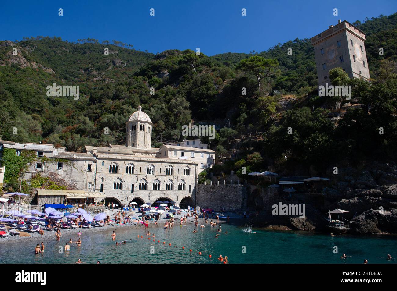 Europe, Italy, Camogli, Abbey in the bay of S. Fruttuoso, on the Mediterranean sea in Liguria. Stock Photo