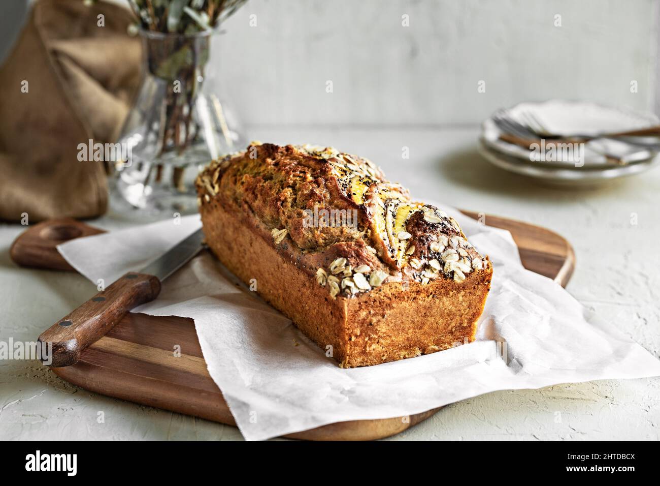 Banana loaf Cake with Oat and Chia  seeds topping Stock Photo