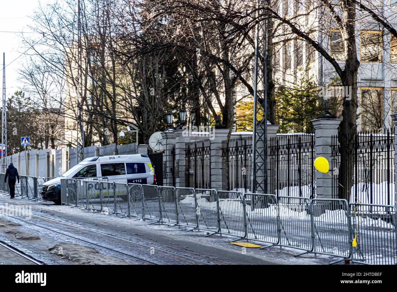 Police officers in a van guarding the embassy of the Russian Federation in Helsinki, Finland, during the 2022 Russian invasion of Ukraine. Stock Photo