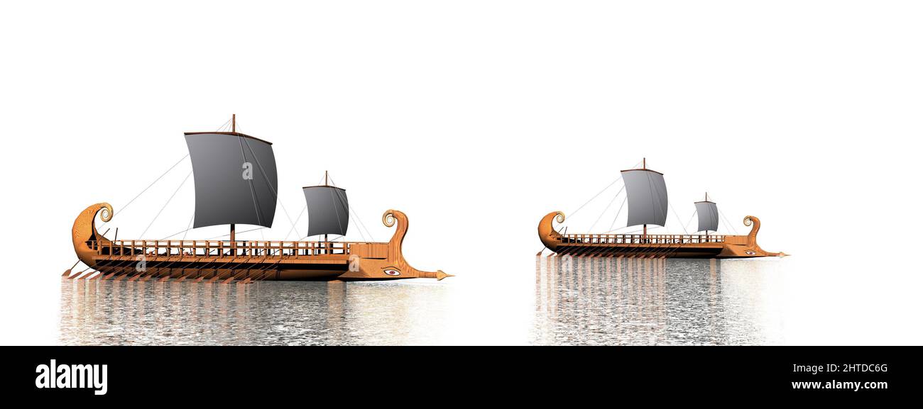 Two greek trireme boats on the water - 3D render Stock Photo