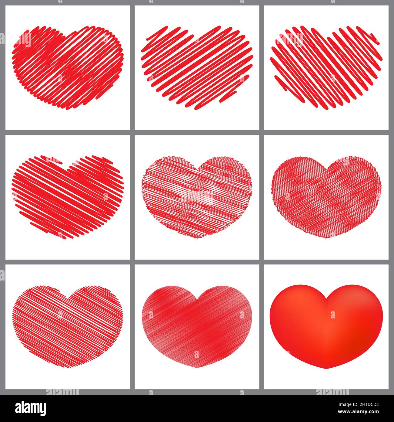 Hand drawn red heart. doodle vector set Stock Vector