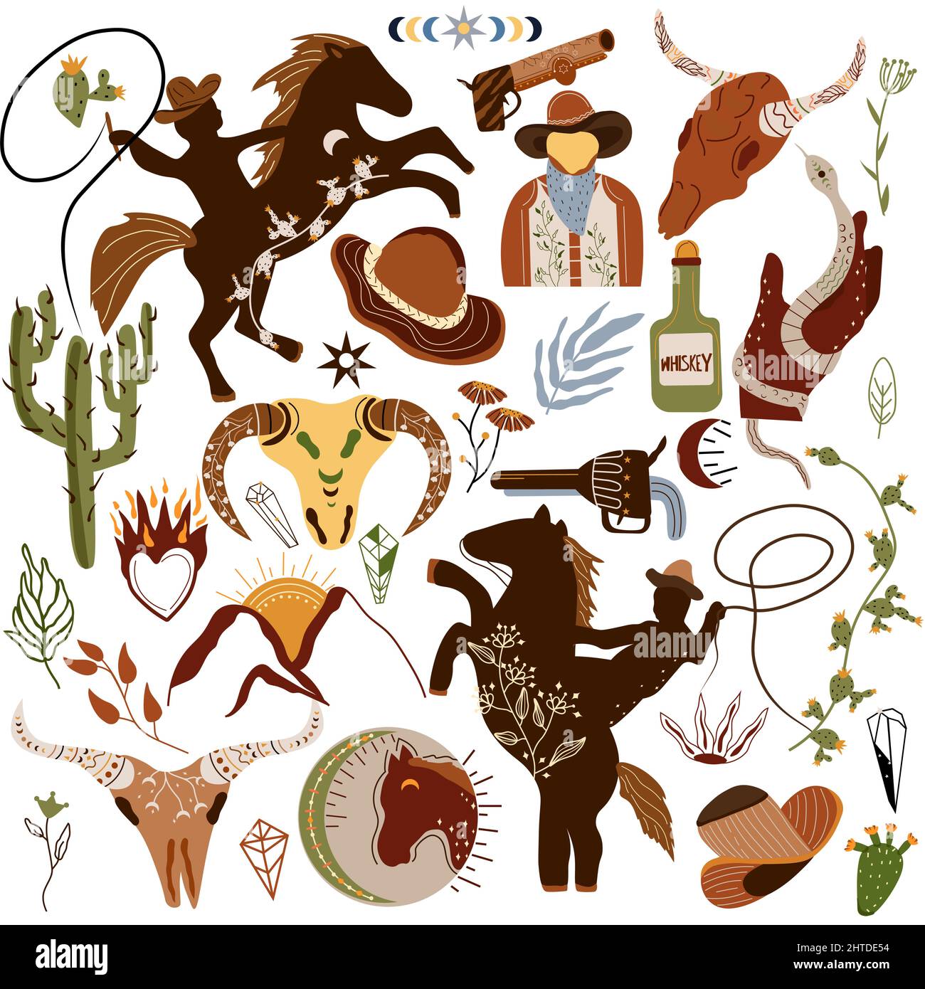 Wild west collection. Wild horse, cowboy, buffalo skull, cactus, snake, hat, cowboy boot, leaf, gun, fire. Further Old west. Vector illustration. Stock Vector