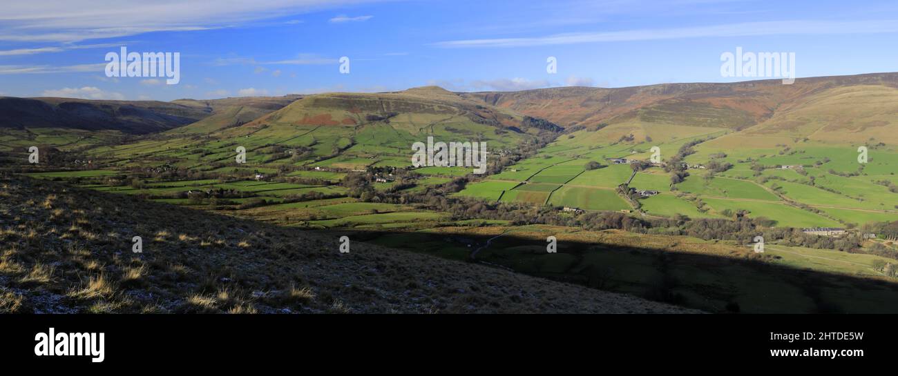 View over the Edale valley and Edale village, Derbyshire, Peak District National Park, England, UK Stock Photo