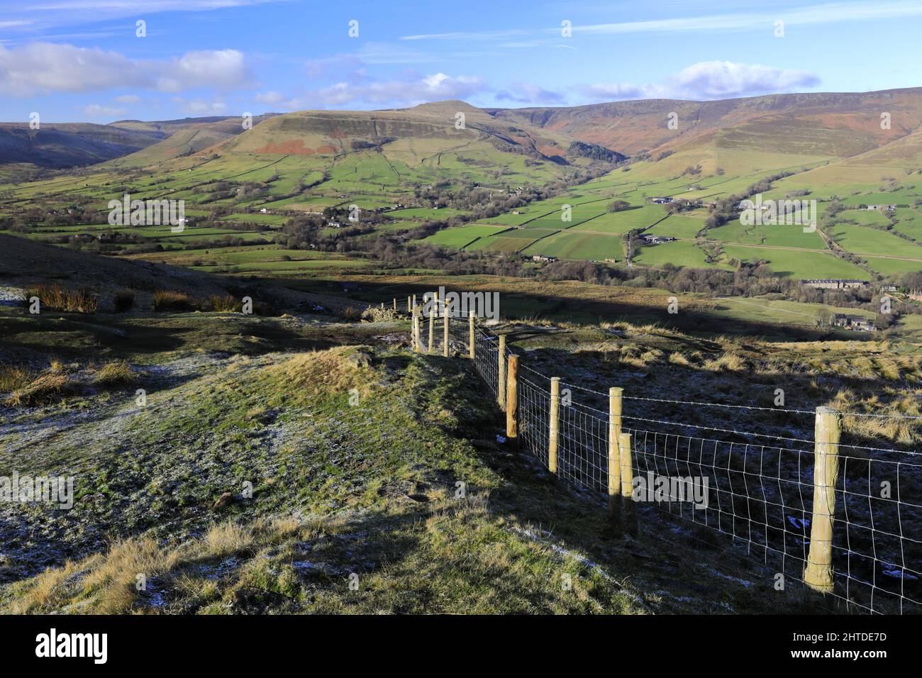 View over the Edale valley and Edale village, Derbyshire, Peak District National Park, England, UK Stock Photo