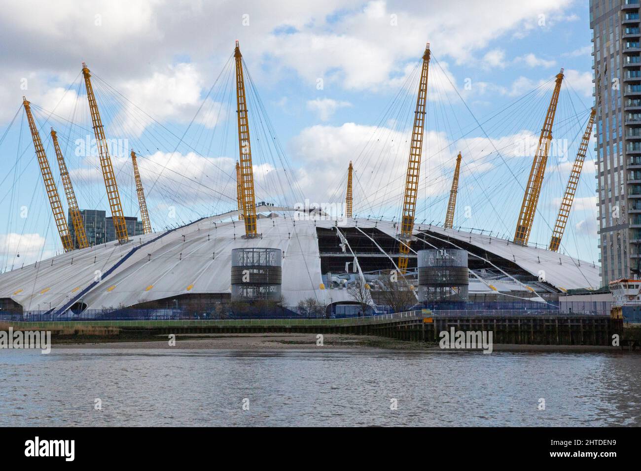 The O2 arena in south east London formally known as the Millennium Dome is seen damaged by storm Eunice from the River Thames. United Kingdom Stock Photo