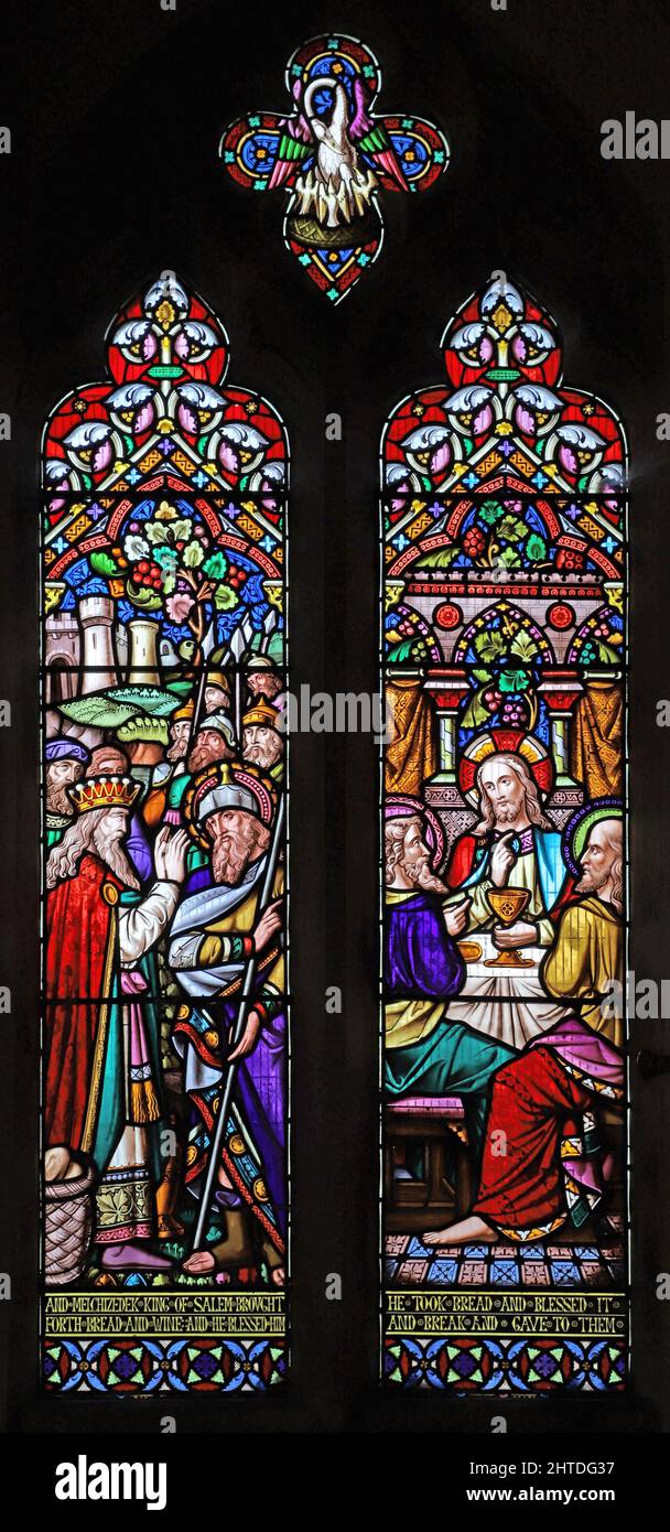 A stained glass window depicting King Melchizedek blessing Abraham after defeating King
