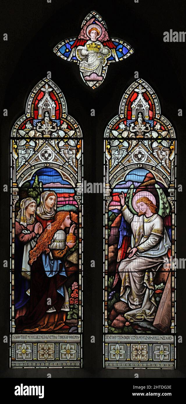 A stained glass window depicting The Three Maries at the Tomb, St John the Baptist Church, Mathon, Herefordshire Stock Photo