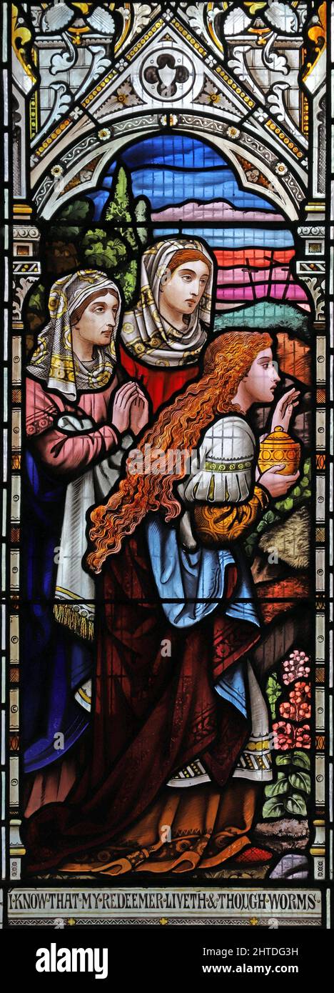 A stained glass window depicting The Three Maries at the Tomb, St John the Baptist Church, Mathon, Herefordshire Stock Photo