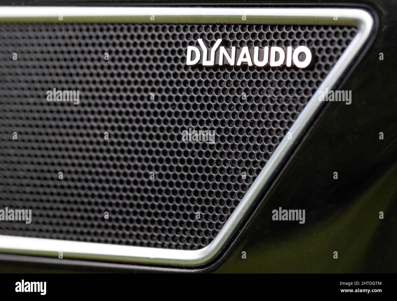 BOBRUISK, BELARUS 20.08.21: Speakers in sound car brand sound system Dynaudio Stock Photo