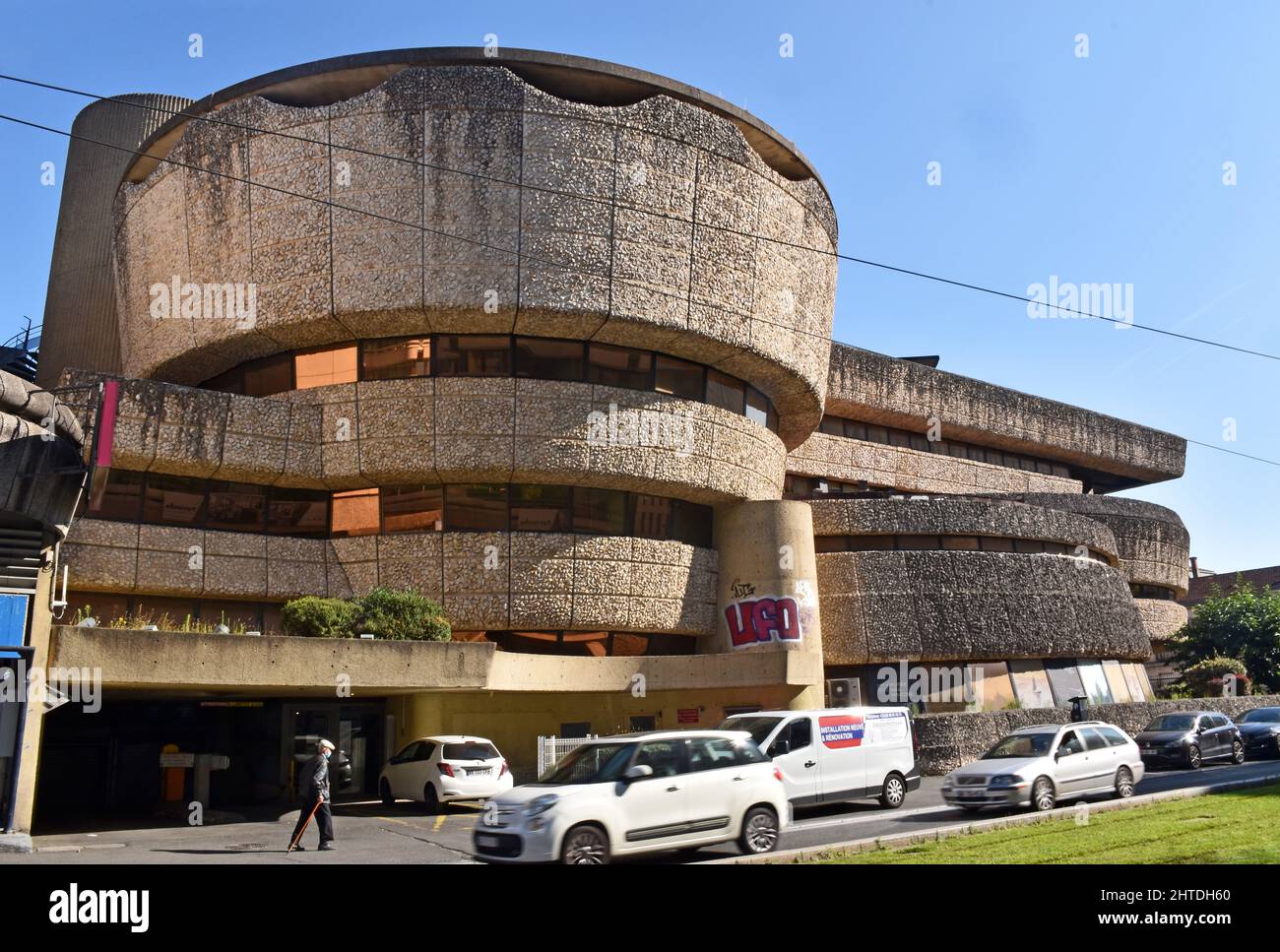 Brutalist architecture: The former HQ of a bank in the Mériadeck Centre in Bordeaux currently being refurbished to a cultural centre, shops and lofts Stock Photo
