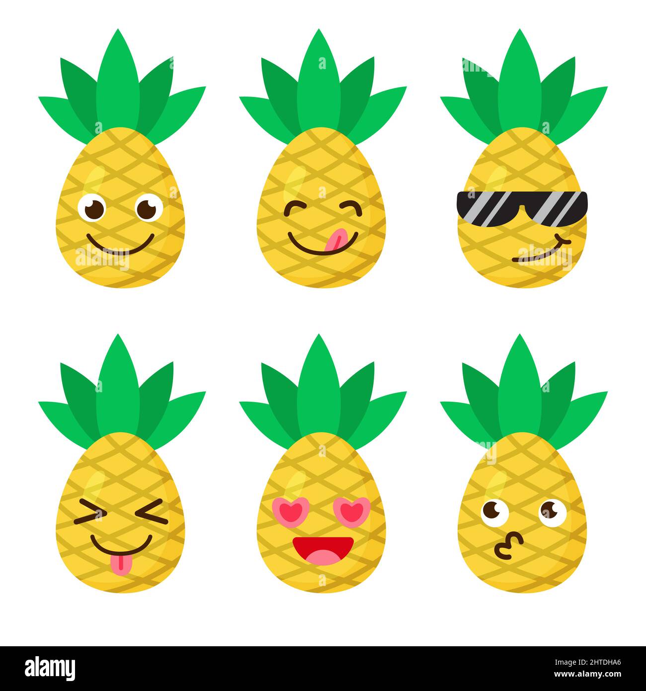 Set of pineapple emojis. Kawaii style icons, fruit characters. Vector illustration in cartoon flat style. Set of funny smiles or emoticons. Good Stock Vector