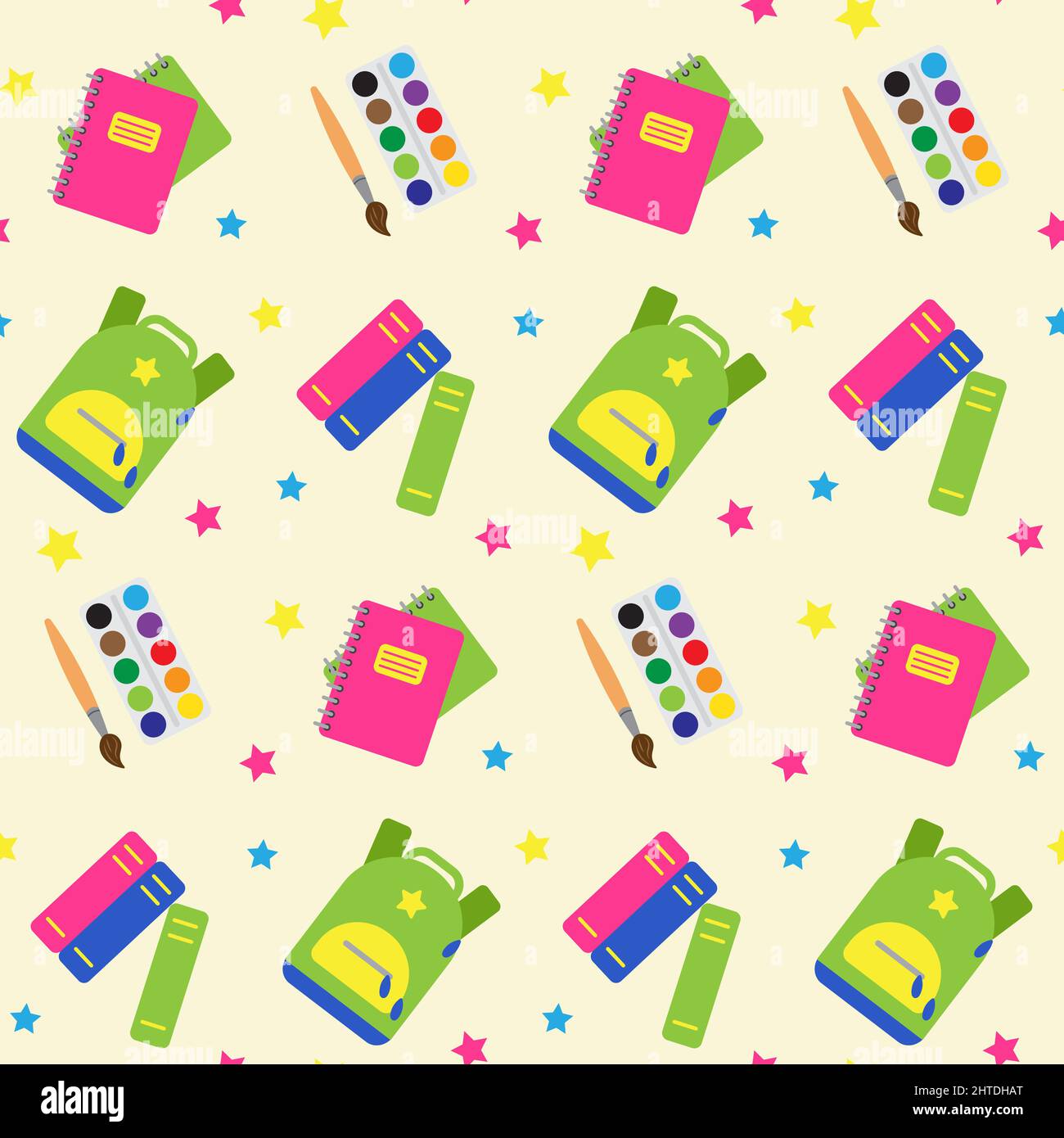Seamless pattern with school and educational elements. Objects for art, stationery. Print for textile, clothes, book cover, wrapping paper, design and Stock Vector