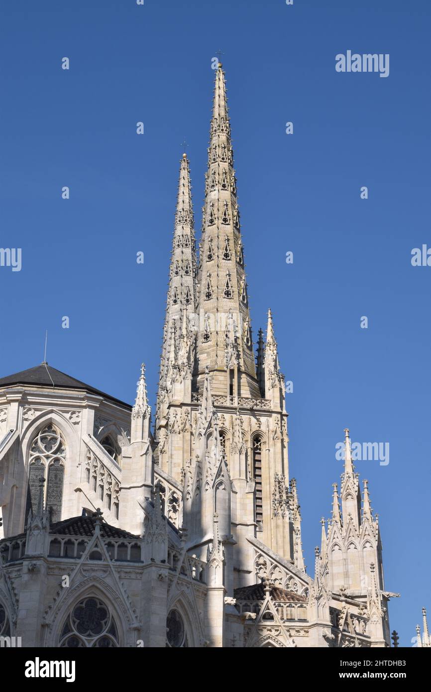 The twin spires of Bordeaux Cathedral, seen from the west the cathedral ss in the Plantagenet or Angevine Gothic style Stock Photo