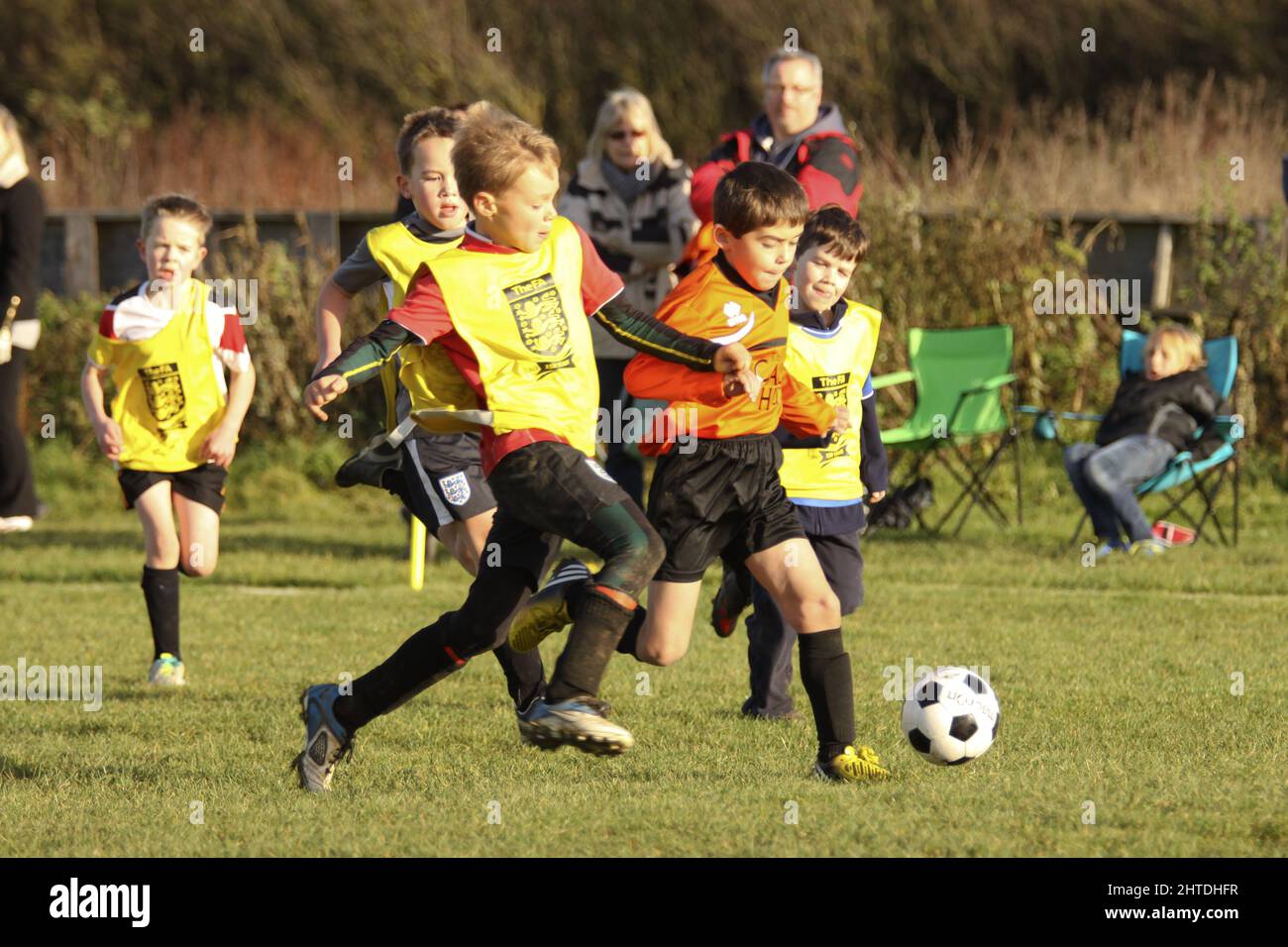 Boys football match between Cleeve Colts U8 and Churchdown Panthers U8 Stock Photo