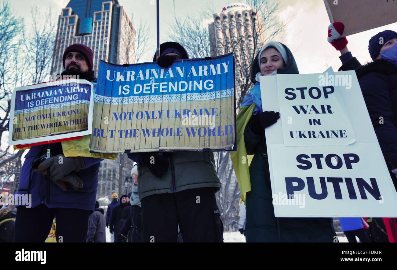 Ukrainian protest against Russian invasion in Montreal,Quebec,Canada.Sunday,February.27,2022 Stock Photo