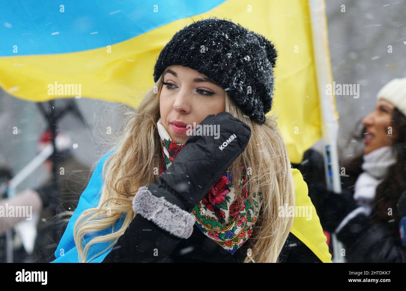 Young woman at the Ukrainian protest against the Russian invasion in Montreal,Quebec,Canada.Sunday,February.27,2022 Stock Photo